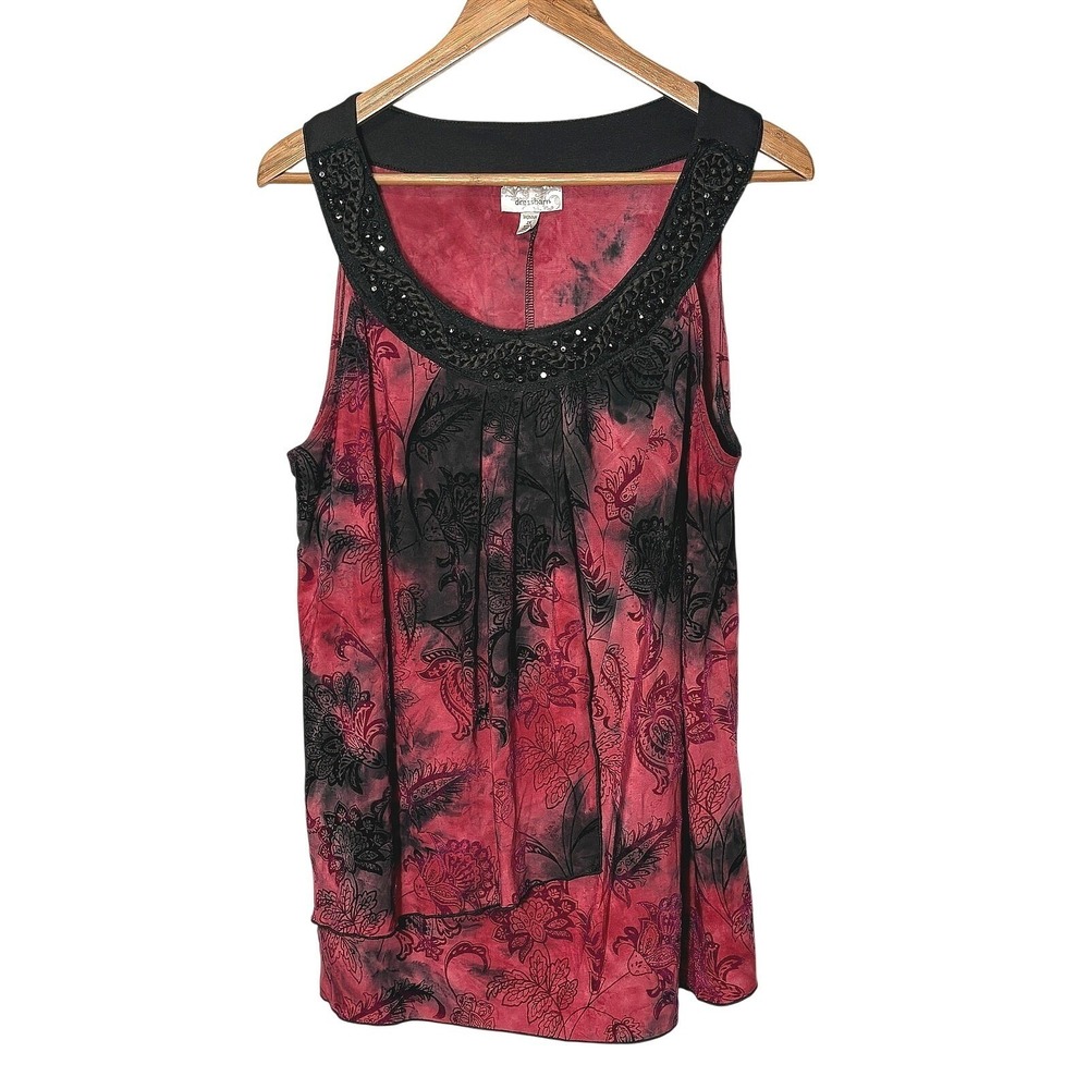 Dark Floral Beaded Tunic Top 2X Sleeveless Burnout Velvet Boho Evening Romantic